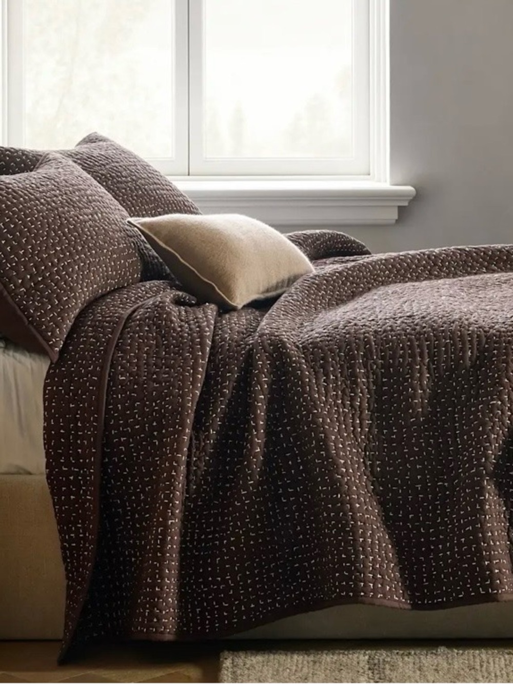 NWT Quince Organic Cotton Hand Stitched 3 pc Quilt Set, King/Cal (Espresso)
